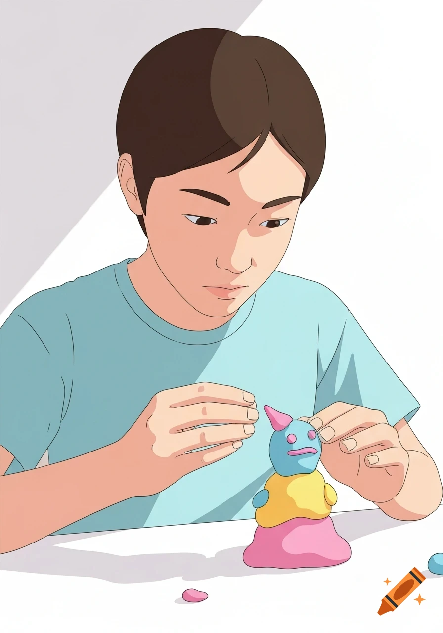 A young person with brown hair in a light blue shirt intently shapes a colorful clay figure on a white table in a simple illustration.