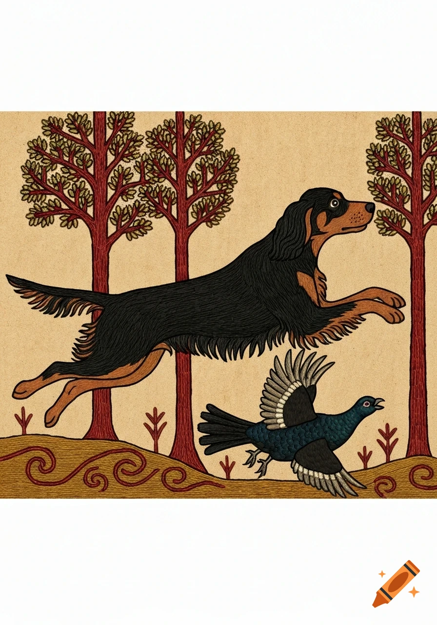 A black Gordon setter dog leaps after a black grouse bird among stylized trees, in a Bayeux tapestry art style.
