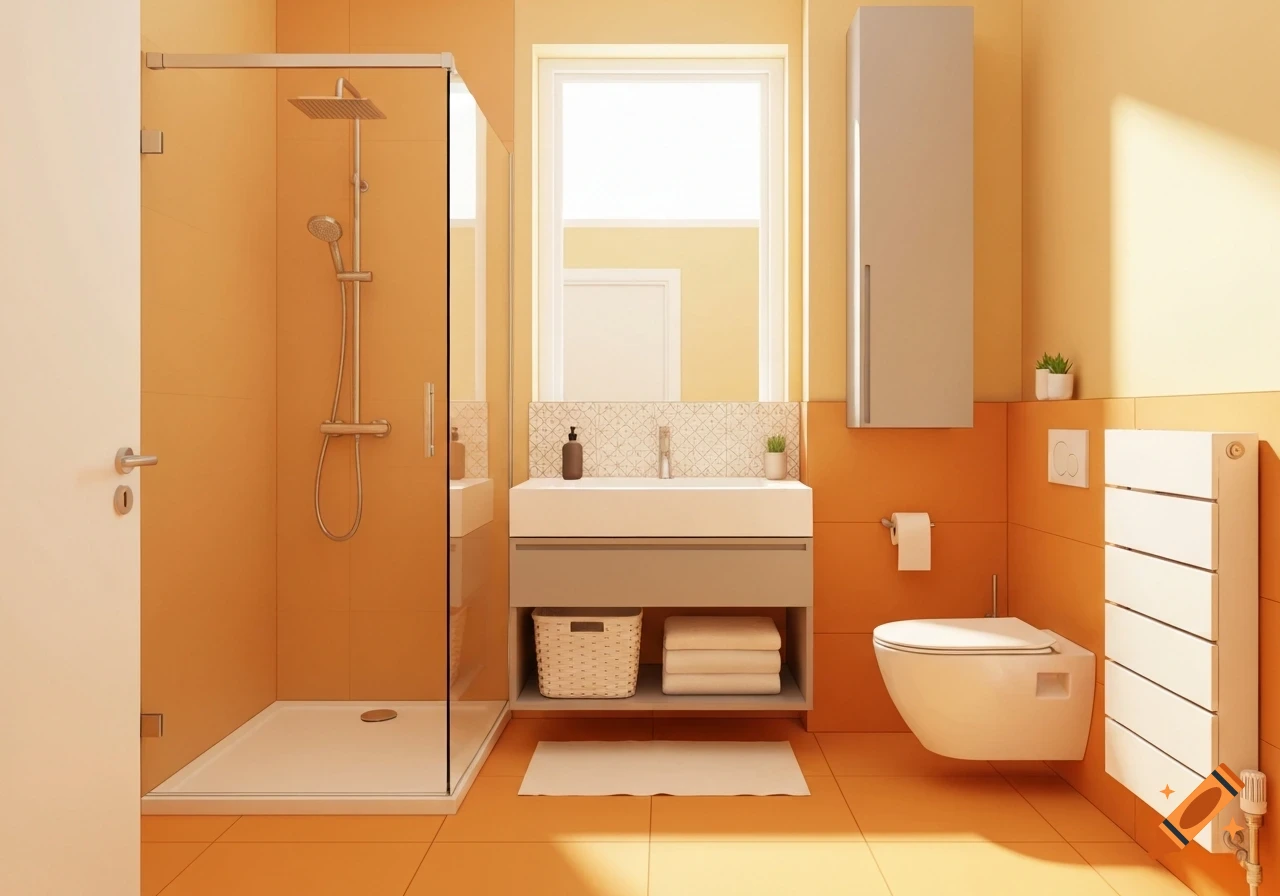 A modern bathroom in warm orange and yellow hues, featuring a glass walk-in shower, a floating vanity with a sink, a wall-mounted toilet, and a white flat radiator.
