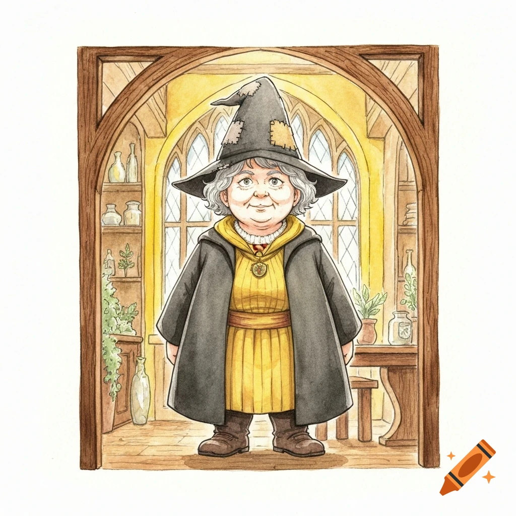 Watercolor illustration of Pomona Sprout, a squat woman with grey hair and a patched witch hat, wearing a black robe and yellow dress, standing in a magical room.