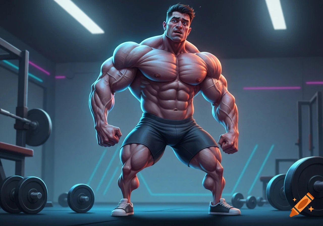 A very muscular bodybuilder with an intense expression poses in a neon-lit gym.