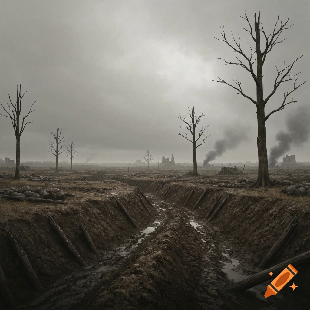 A desolate, muddy WWI battlefield with trenches, barren trees, ruined buildings in the distance, and smoke under an overcast sky.