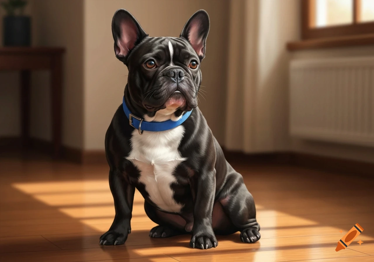 A black French Bulldog with a white chest and blue collar sits on a sunlit wooden floor in a room.