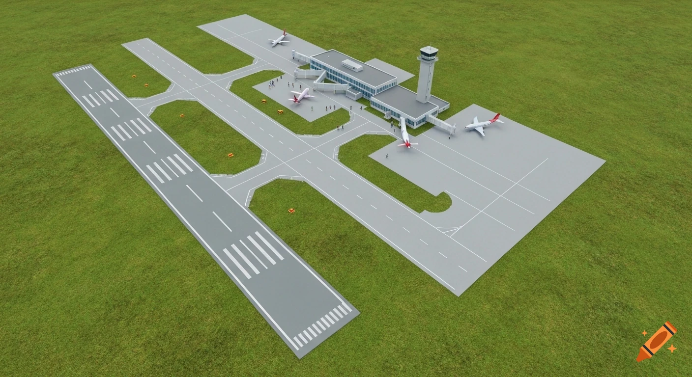 Top-down view of a simple school model of a regional airport, featuring runways, taxiways, a terminal, control tower, and airplanes on green grass.