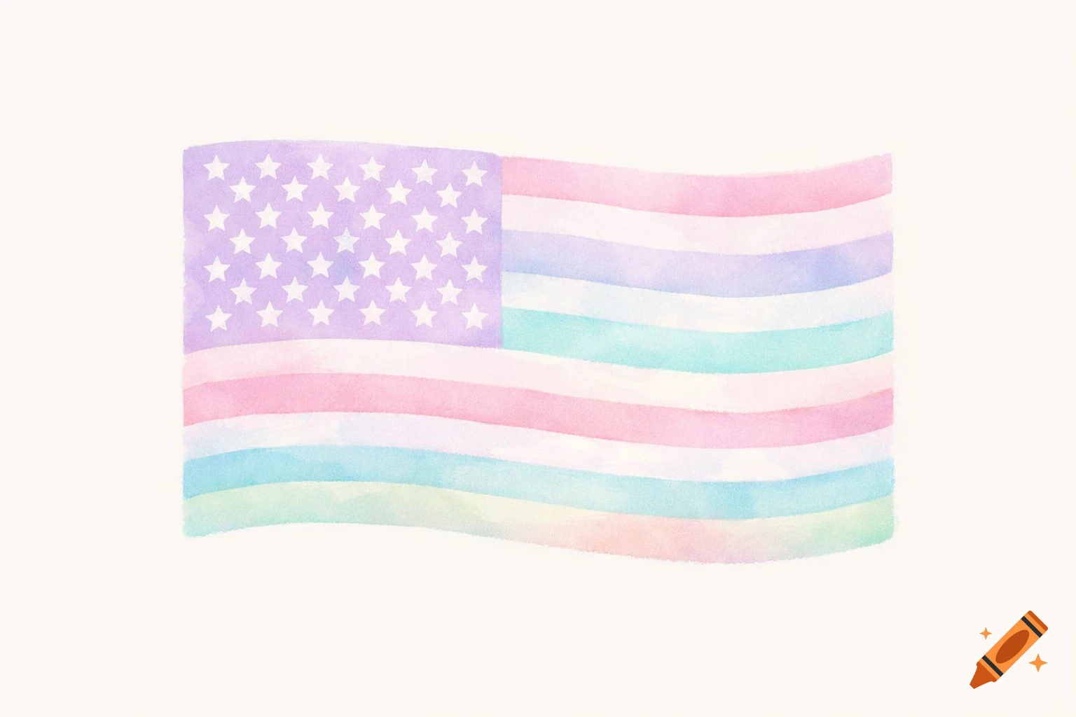 A waving United States flag rendered in pastel watercolor colors: lavender canton with white stars, and stripes in pink, white, light blue, and light green.