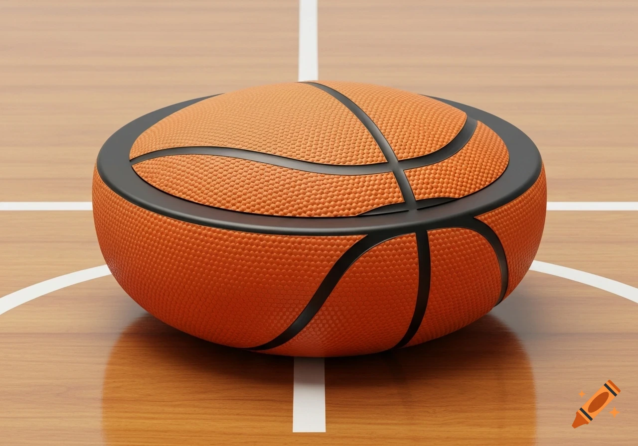 A flattened, puck-shaped basketball sits on a polished wooden basketball court.