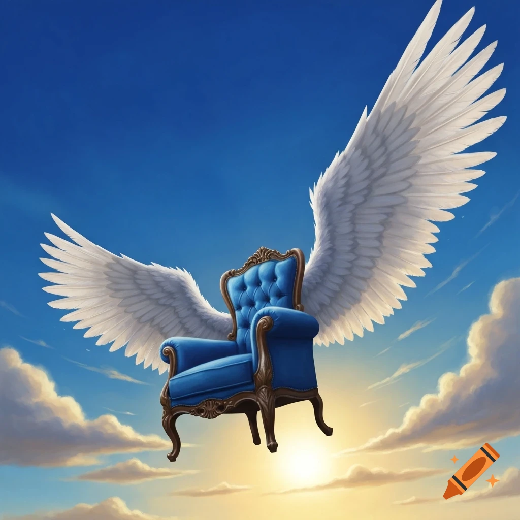 A blue armchair with large white wings gracefully flies through a sunny blue sky with soft clouds.