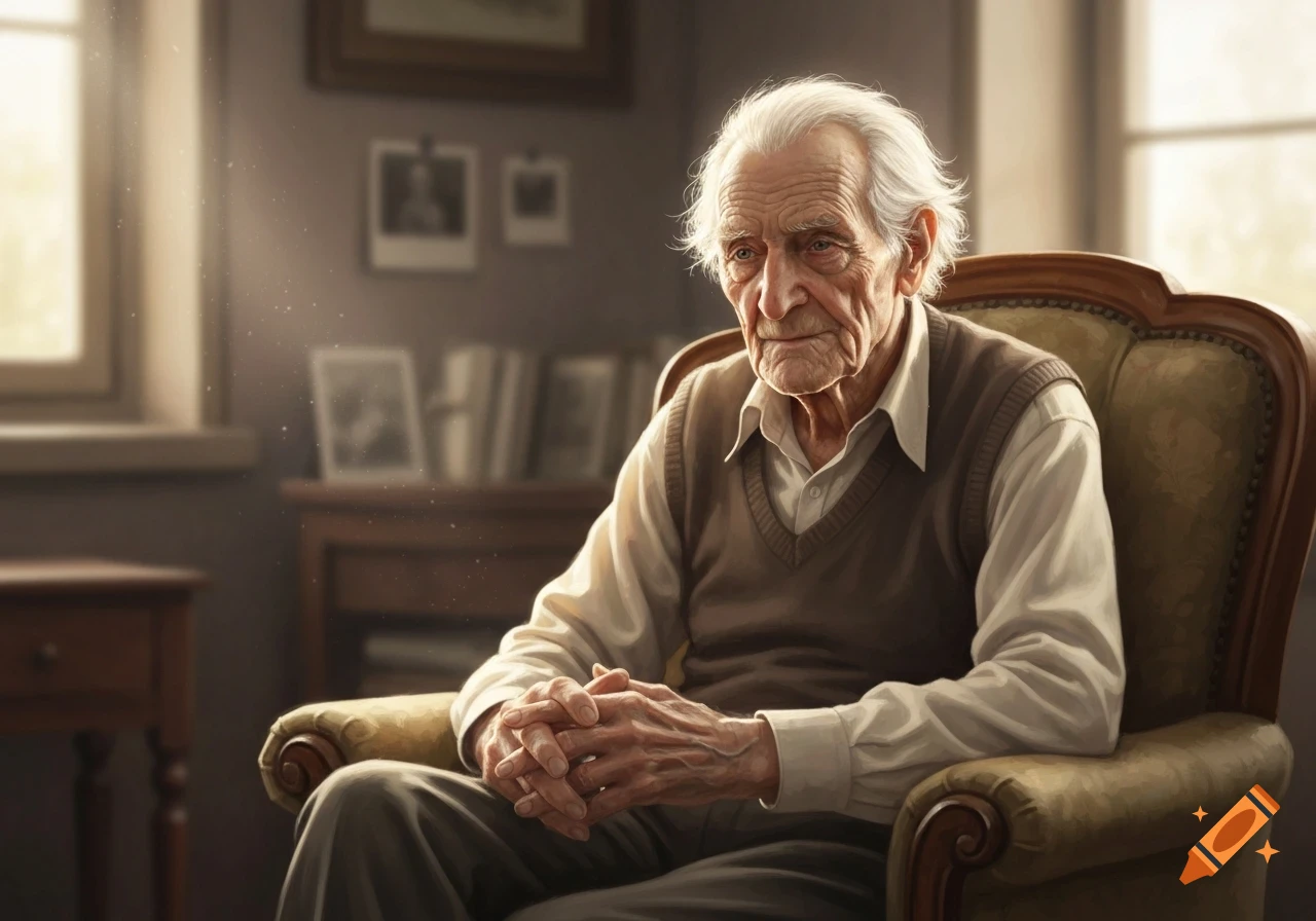 An old, frail man with white hair sits in a vintage armchair, hands clasped, in a dimly lit room with sunlight.
