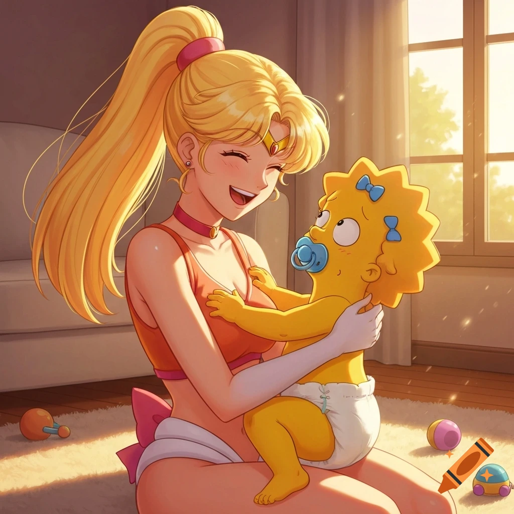 Minako Aino, in an anime style, smiles as she lovingly holds baby Maggie Simpson in a sunlit room with toys.
