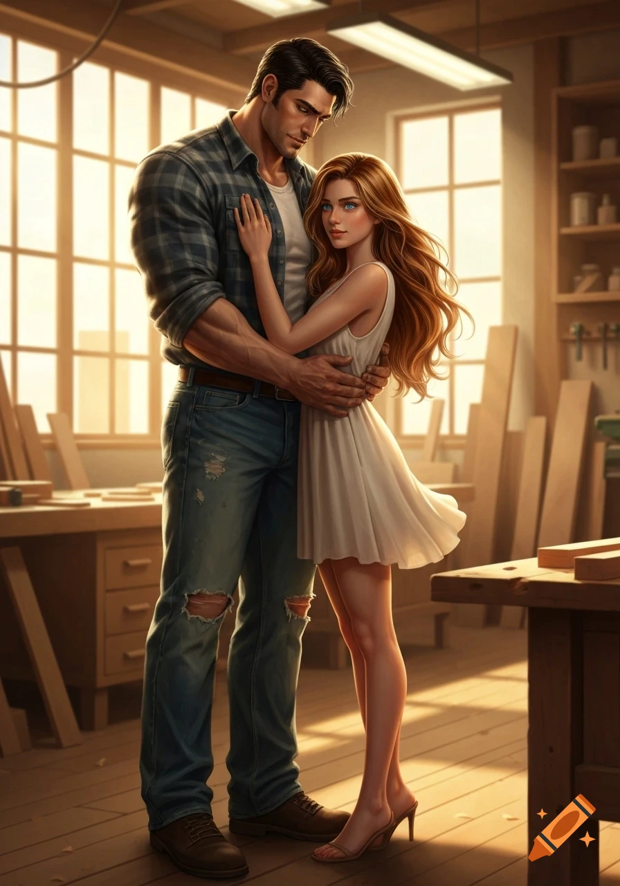 A muscular man in a flannel shirt and ripped jeans embraces a woman in a white dress inside a sunlit woodworking shop. Realistic illustration.