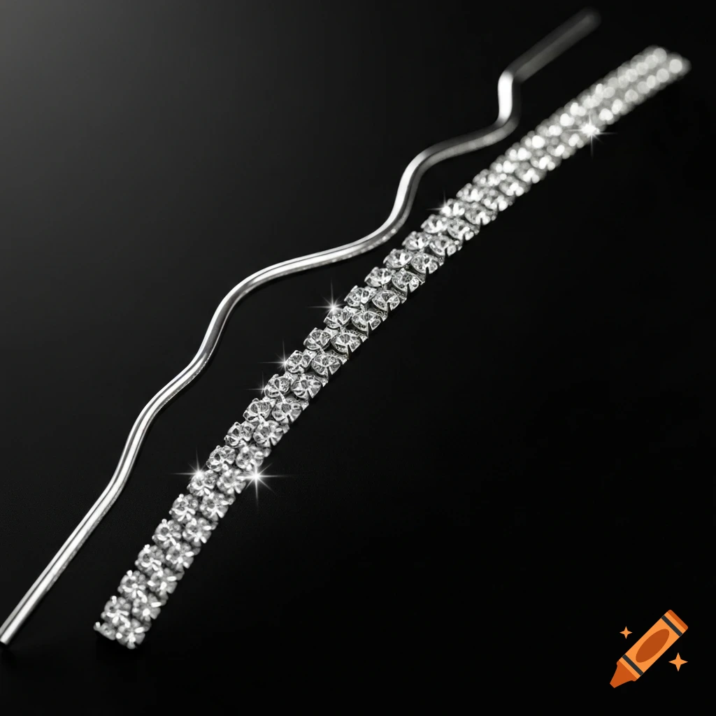 A shimmering silver wavy bobby pin next to a straight, rhinestone-lined silver strip on a black background.