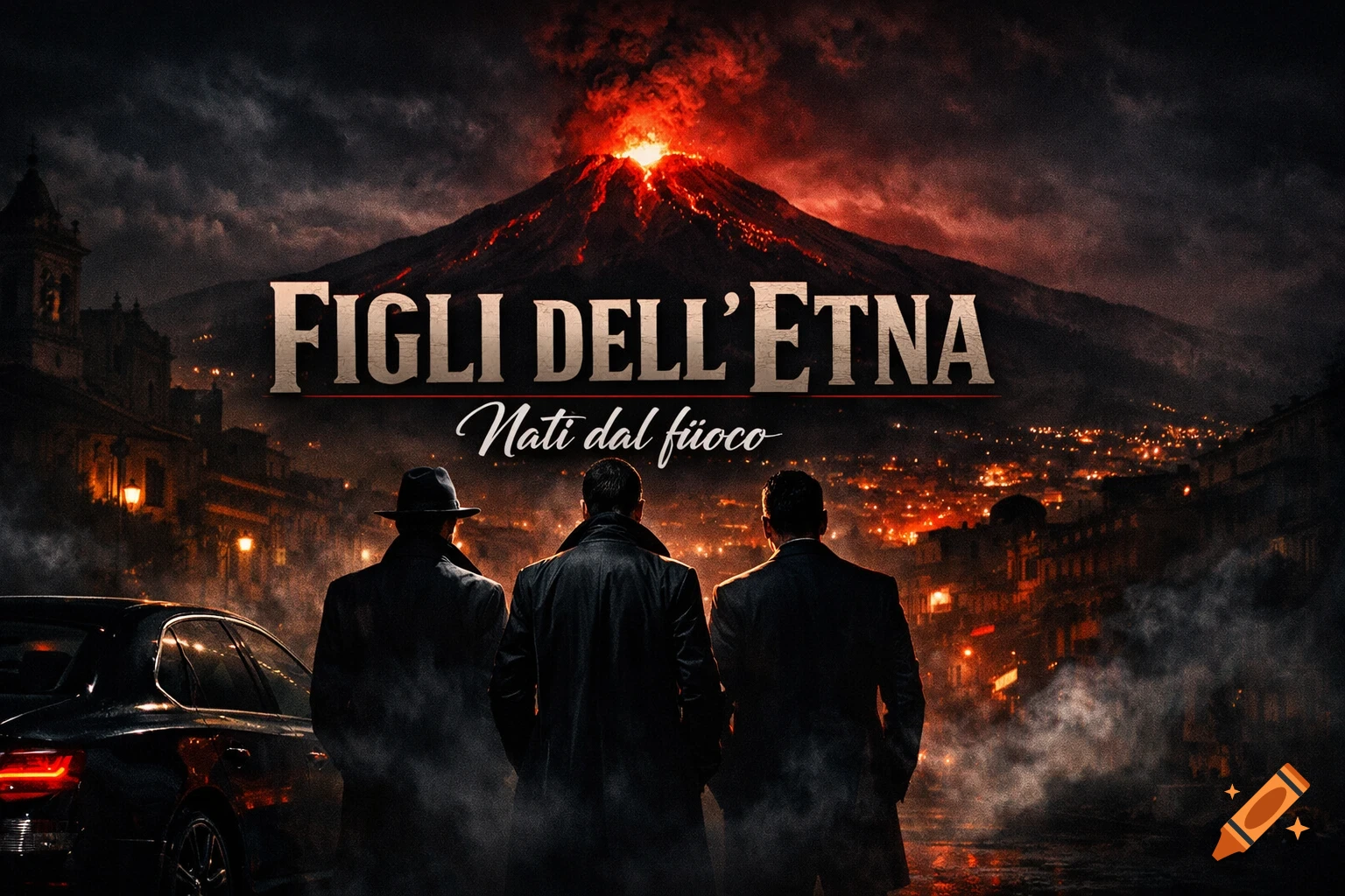 Dramatic cinematic image of three men in trench coats looking at a city with an erupting volcano, text 'FIGLI DELL’ETNA' and 'Nati dal fuoco'.