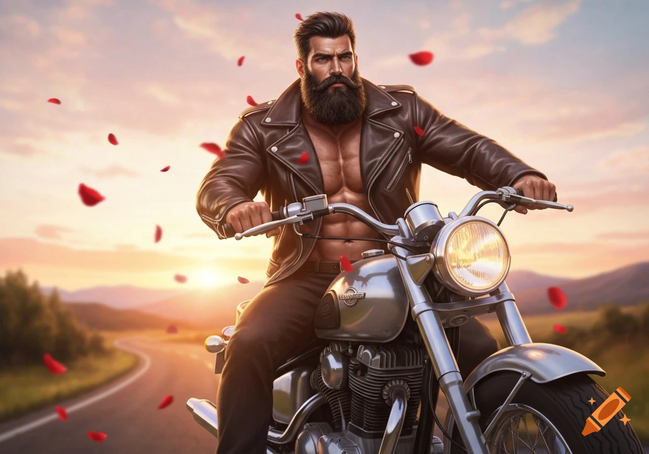 Muscular, bearded man in an open leather jacket rides a motorcycle down a scenic road with falling red rose petals at sunset.