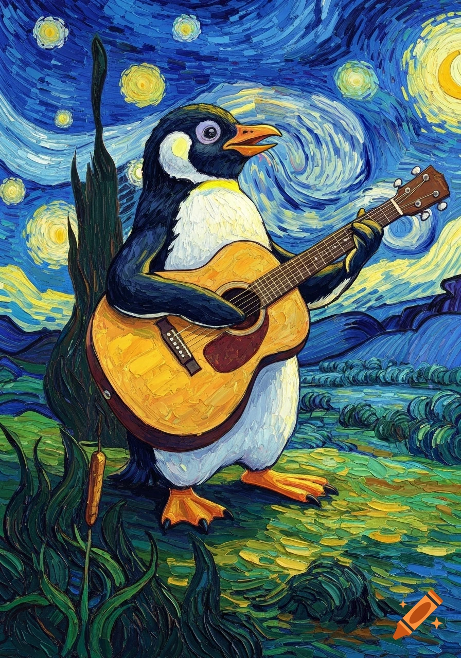 A charming penguin plays an acoustic guitar amidst a vibrant, swirling Van Gogh-style starry night landscape.