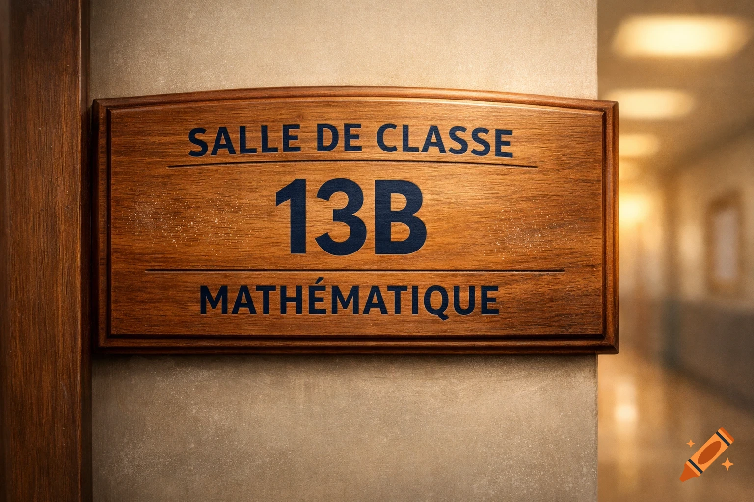 A close-up of a wooden classroom sign on a beige wall, reading "SALLE DE CLASSE 13B MATHÉMATIQUE" in dark blue letters, with a blurred hallway in the background.
