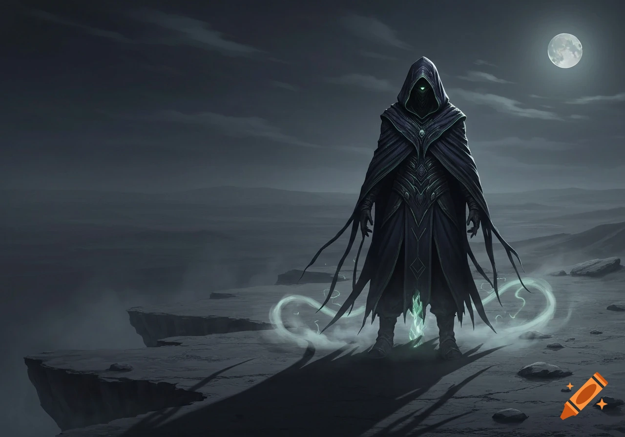 A dark, cloaked figure with glowing green eyes stands on a desolate cliff under a full moon, with swirling mystical energy at its feet.