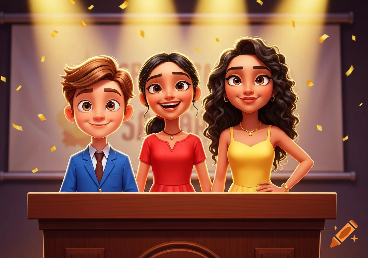 Three smiling cartoon students, two girls and one boy, stand behind a wooden podium as golden confetti falls.