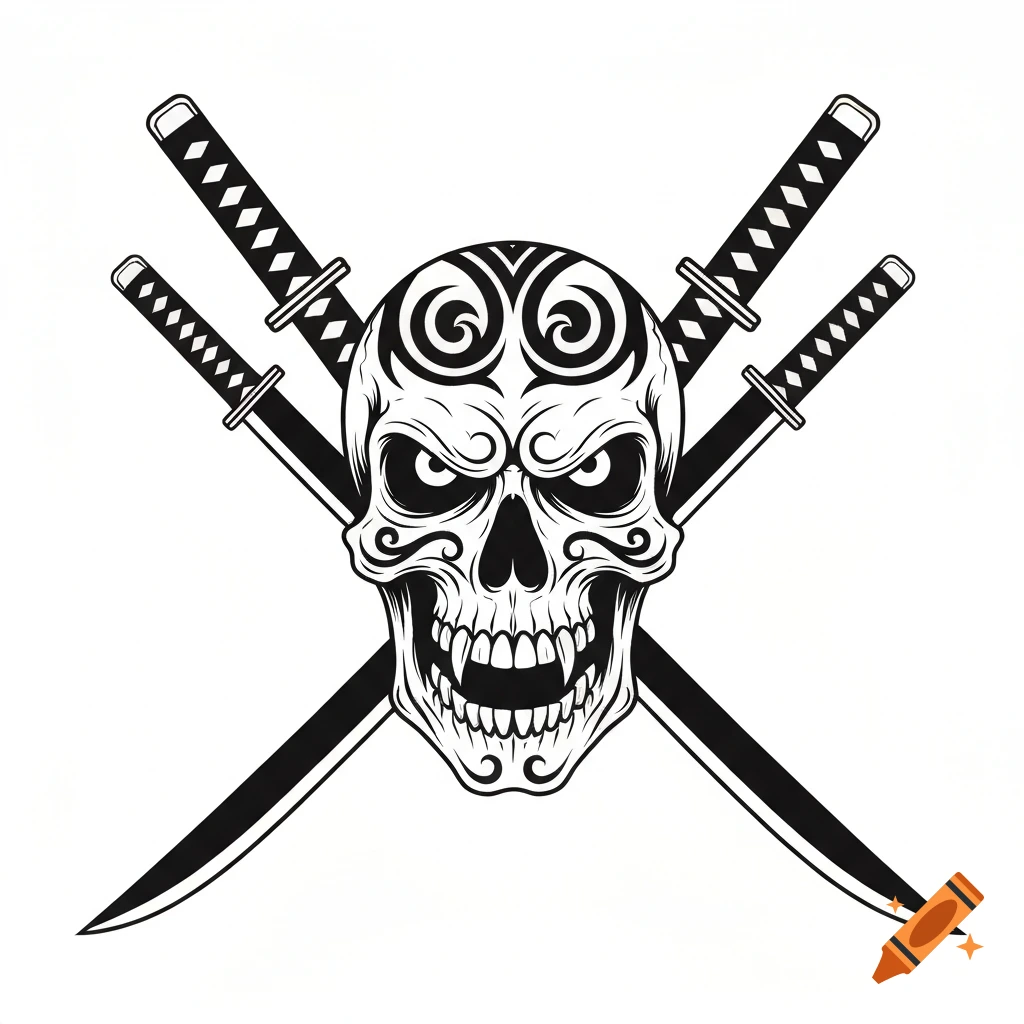 Professional black and white illustration of a tribal skull with furious features and tattoo patterns, crossed katanas behind it.