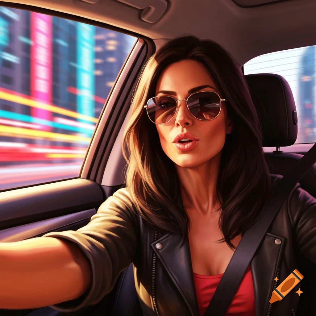 A brunette woman in sunglasses takes a car selfie at night with blurred city lights in the background.