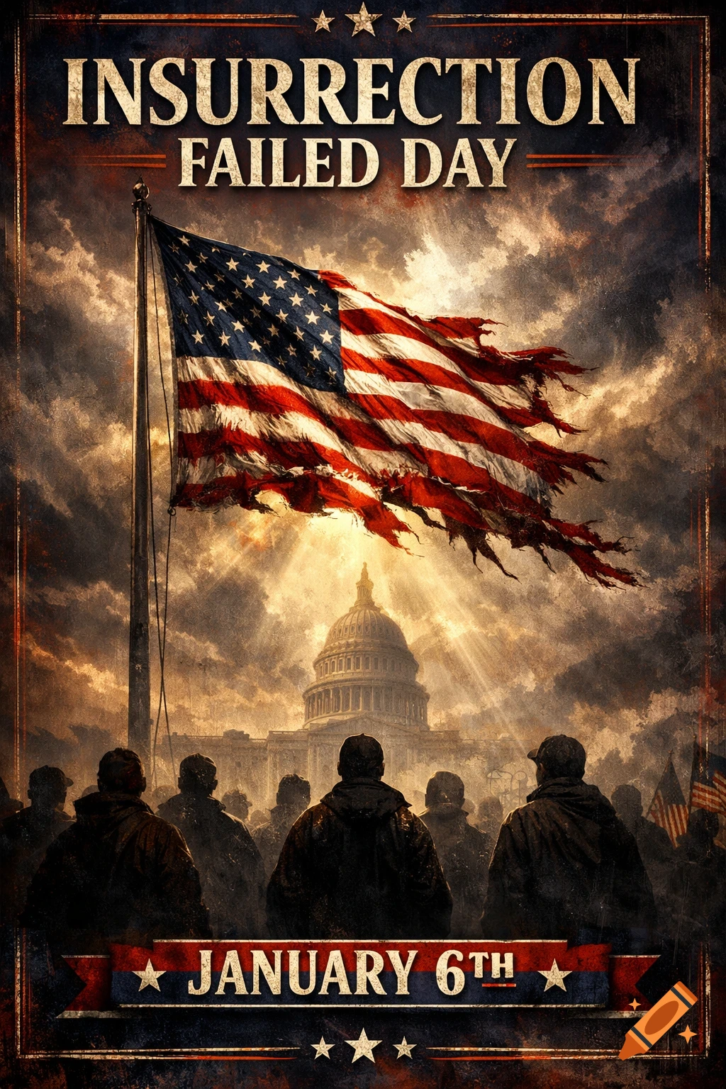 A gritty, stylized poster depicting the US Capitol building under a dramatic sky, a tattered American flag, and a crowd of people. Text reads 'INSURRECTION FAILED DAY' and 'JANUARY 6TH'.