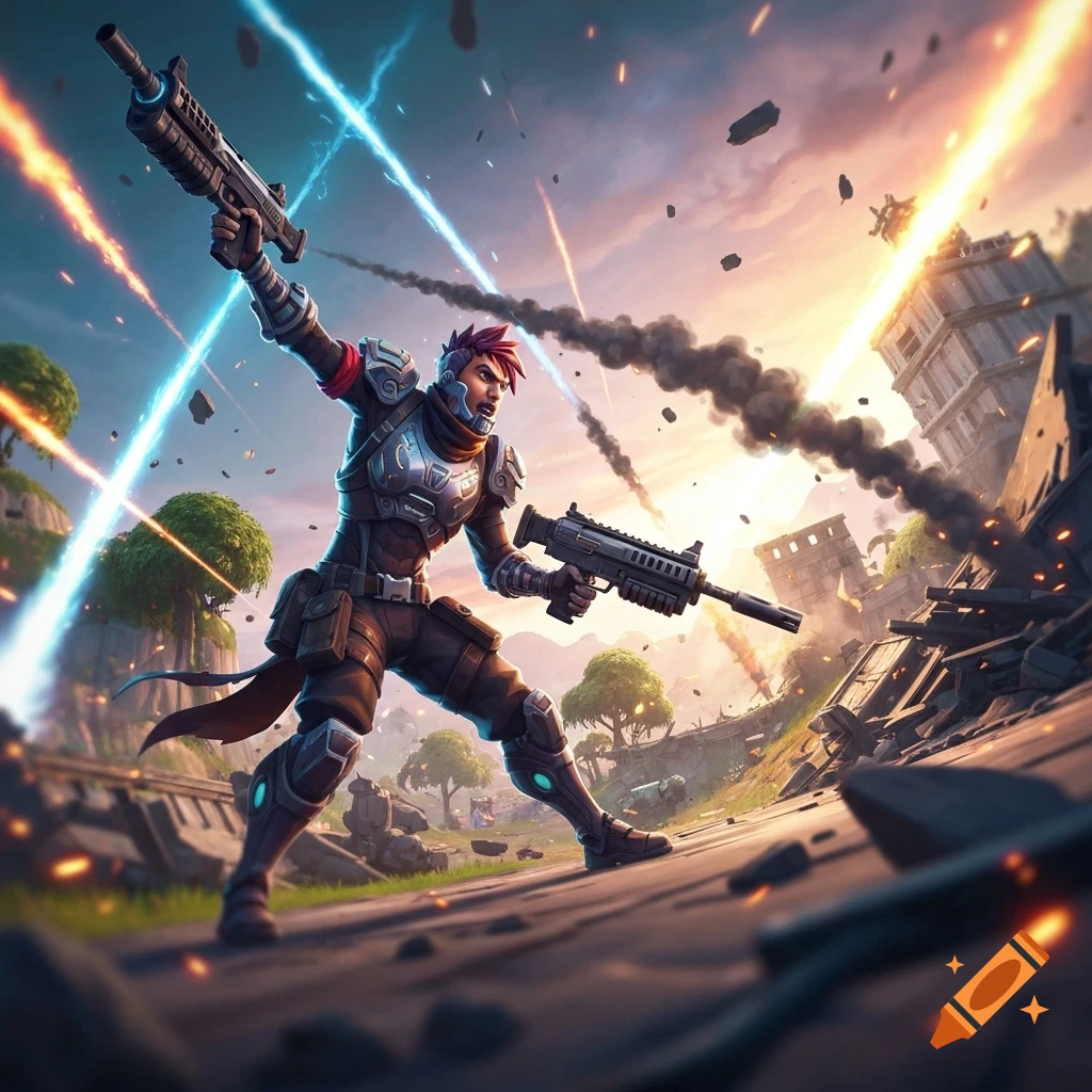 A stylized character in tactical gear holds two guns in a dynamic combat pose amidst a destroyed city with laser beams and smoke.