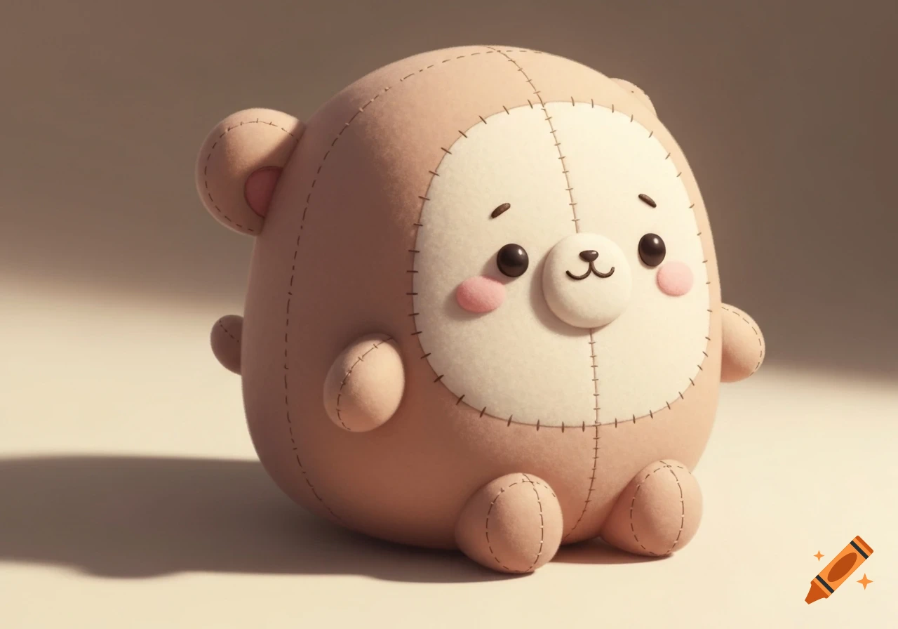 A cute, round, light brown plush teddy bear with a white face, pink cheeks, and stitched details, sitting on a warm-toned surface.