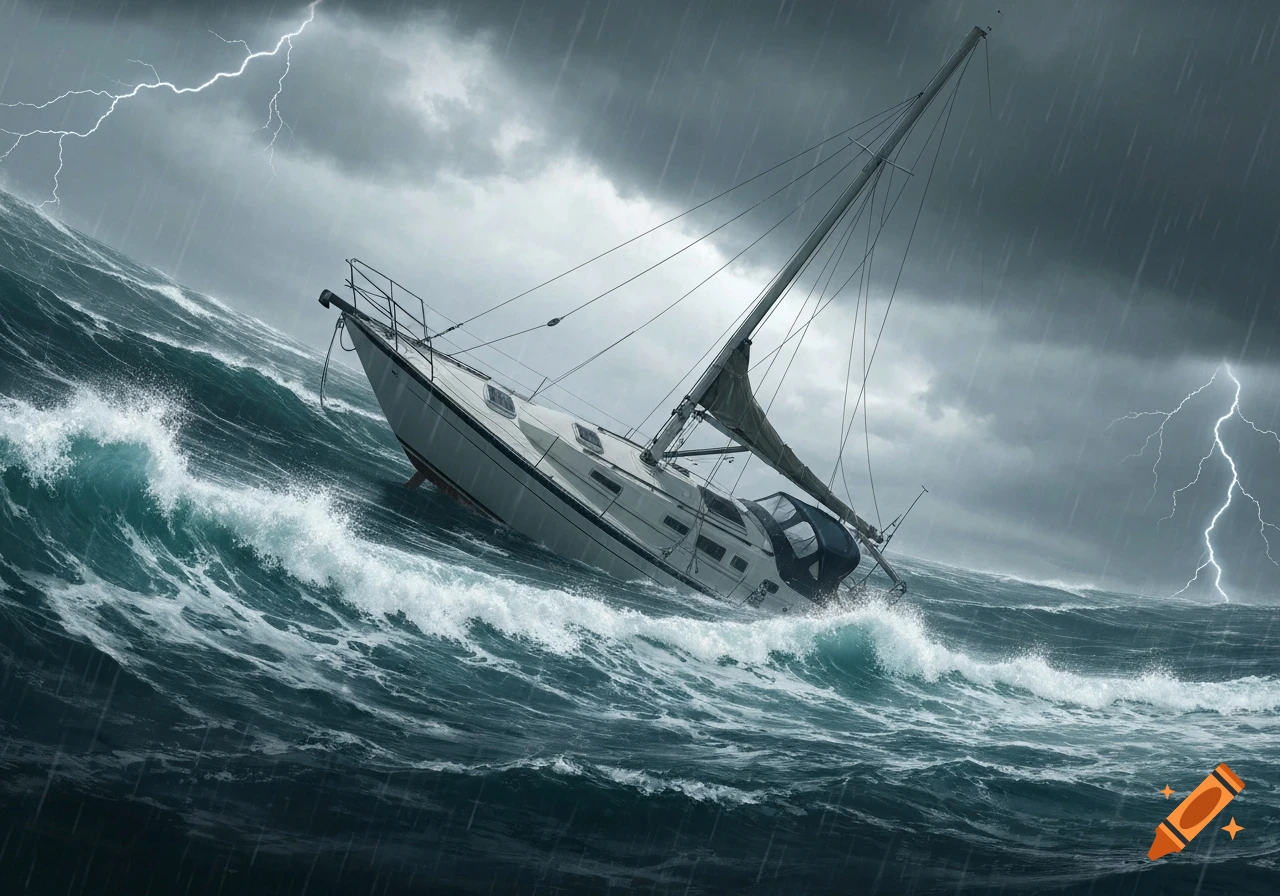 A sailboat lists precariously amidst large waves and heavy rain during a lightning storm at sea.