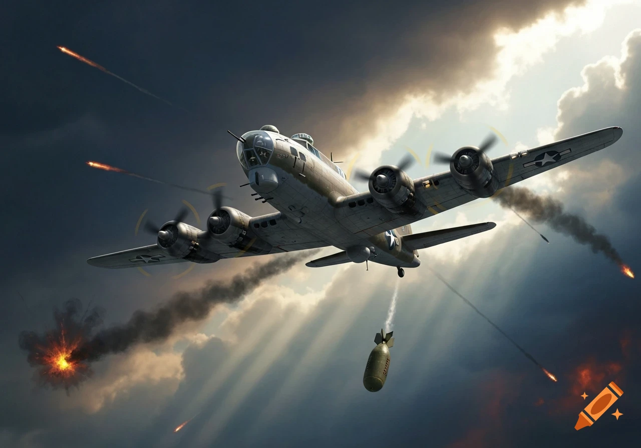 A photorealistic B-17 bomber drops a bomb amidst smoke, explosions, and tracers in a dramatic cloudy sky.