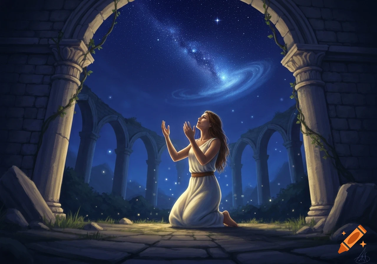A woman in a white dress kneels in ancient ruins under a celestial night sky, raising her hands in prayer or supplication.