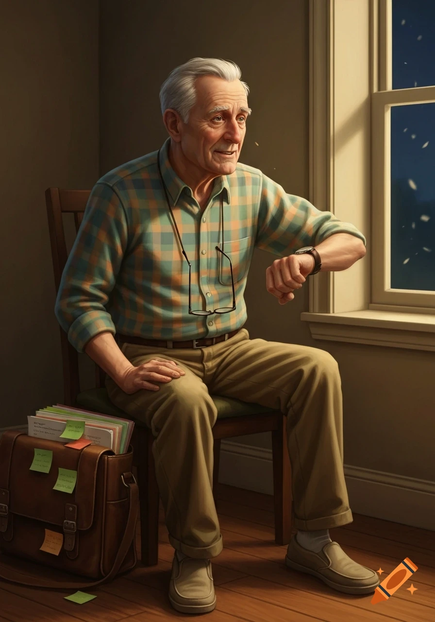 A realistic illustration of an elderly man sitting on a chair, looking out a window while checking his wristwatch, with a messenger bag by his side.