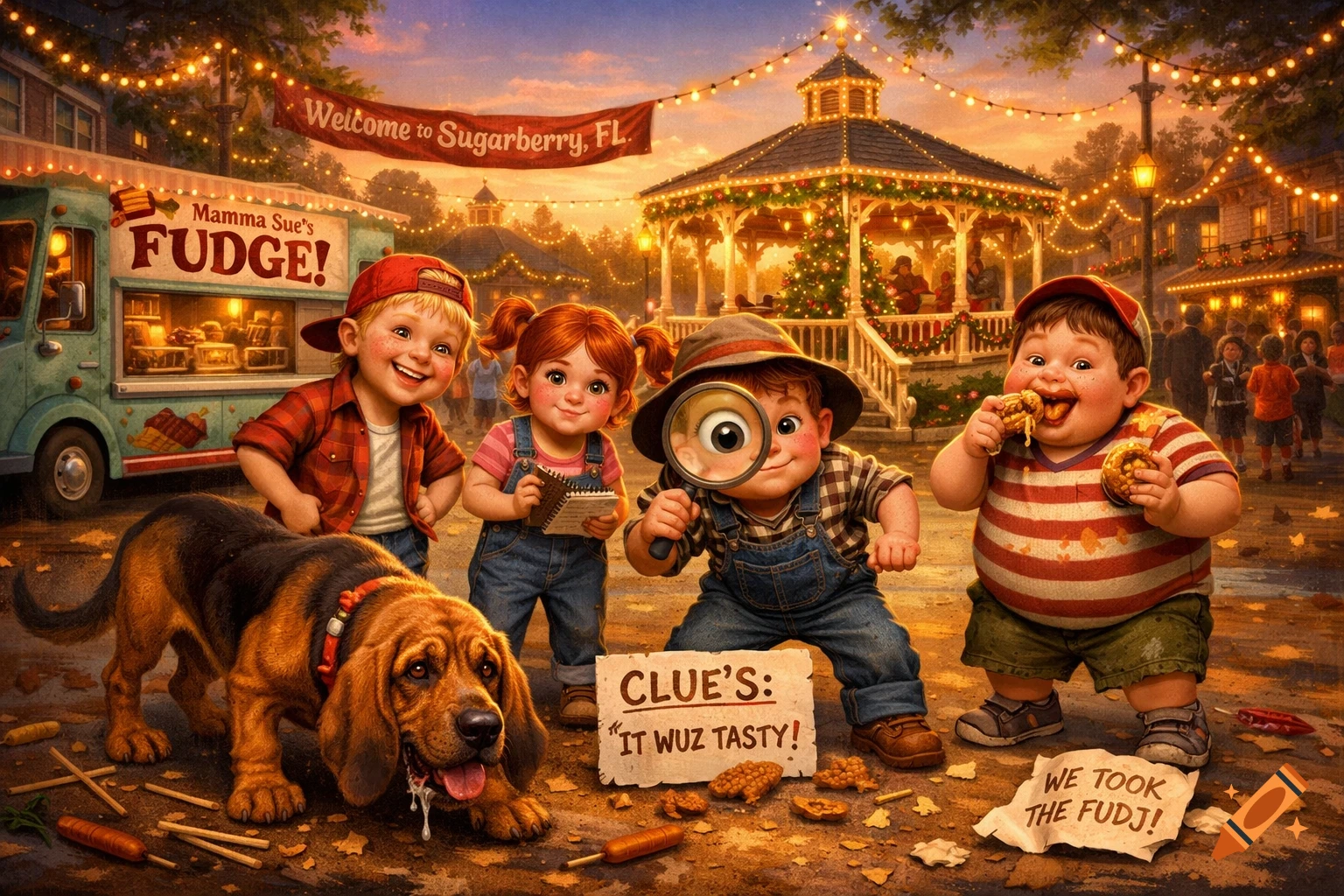 A whimsical illustration of four happy children and a bloodhound at a Christmas festival. One boy holds a magnifying glass, another eats fudge, and text on signs reads "Mamma Sue's FUDGE!" and "CLUE'S: IT WUZ TASTY!"