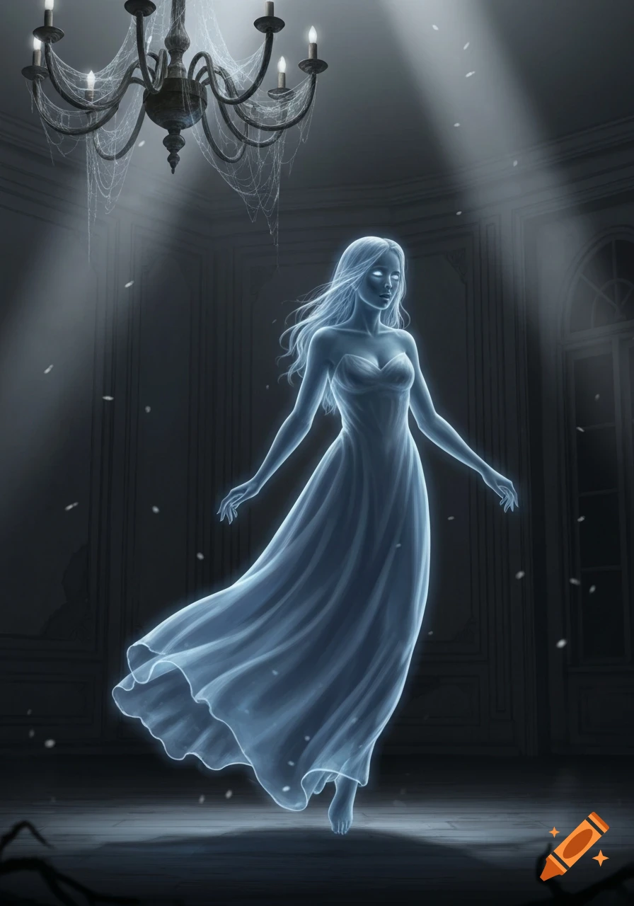 An ethereal female ghost floats in a dark, dusty room with a cobwebbed chandelier.