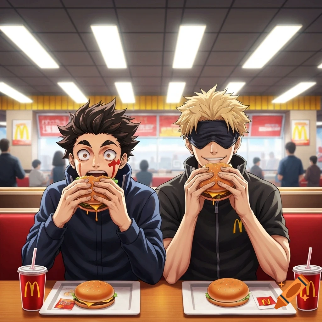 Anime characters Yuji Itadori and Gojo Satoru eating burgers at McDonald's, Yuji with sauce on his face.
