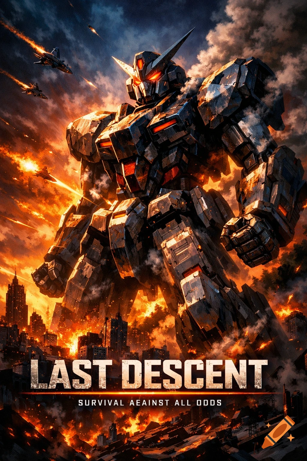Giant black and orange mecha towers over a burning city as fighter jets fly, in a dramatic movie poster.