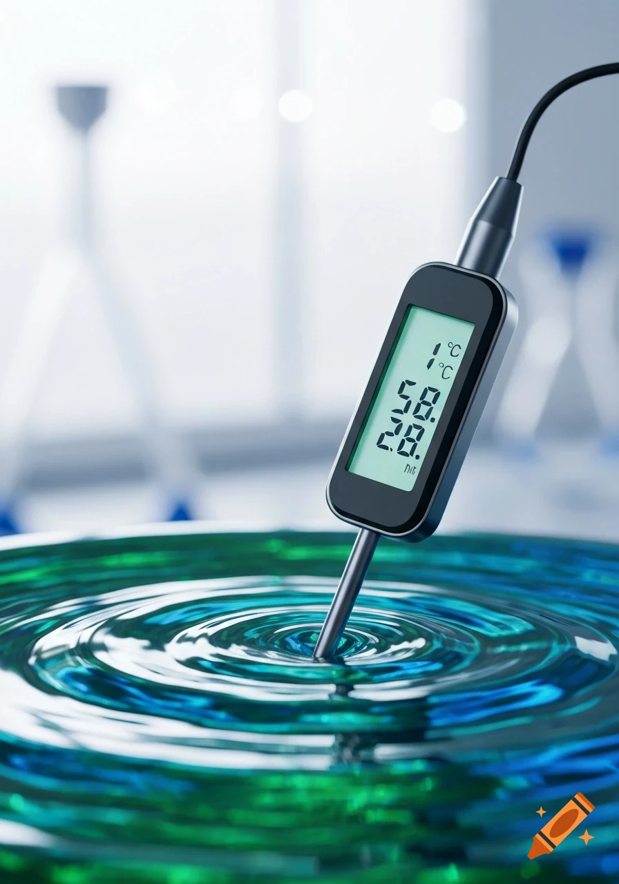 A close-up shot of a black digital thermometer measuring the temperature of a vibrant green and blue rippling liquid.