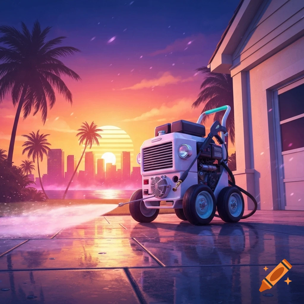 A vaporwave-style image of a pressure washer on a patio, spraying water. A retro sunset over a Miami-style city skyline with palm trees in the background.