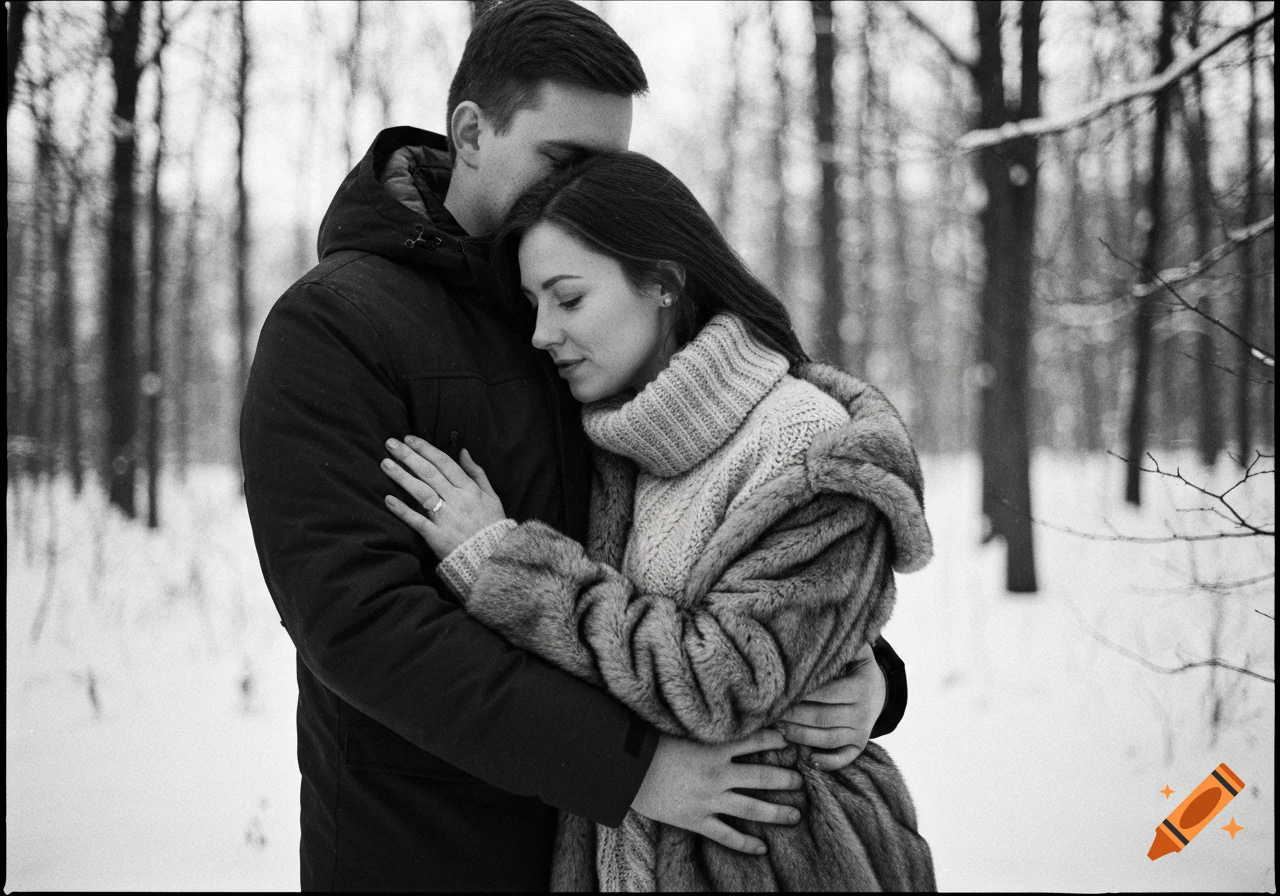 Black and white photo of a couple embracing in a snowy winter forest.