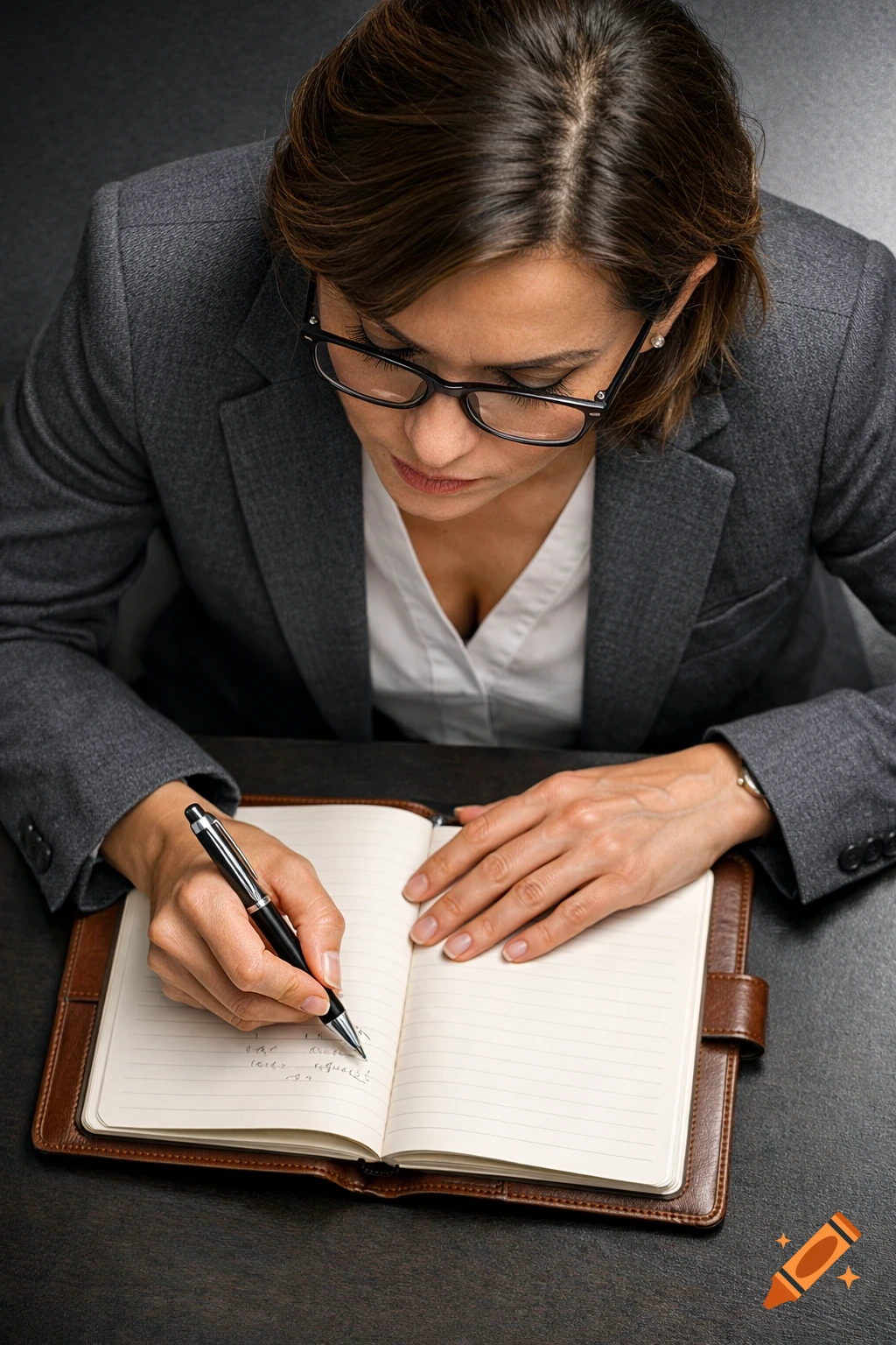 A high-angle photo of a woman with glasses in a gray blazer writing in a brown leather notebook on a dark desk.