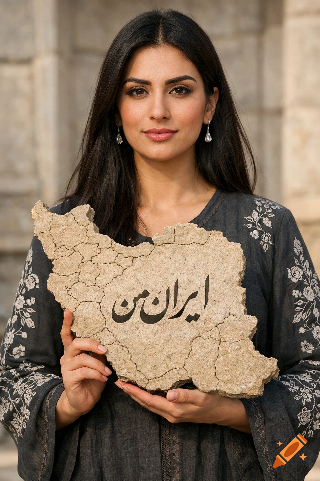 A young Persian woman with long dark hair holds a beige stone tablet shaped like the map of Iran, featuring 'ایران من' text, looking confidently at the camera.