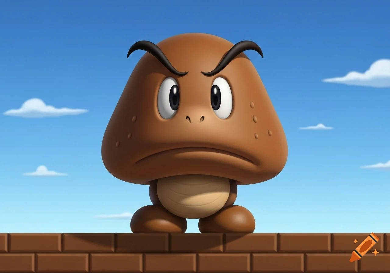 A brown Goomba character from Super Mario stands on a brick wall against a blue sky with clouds, looking angry.
