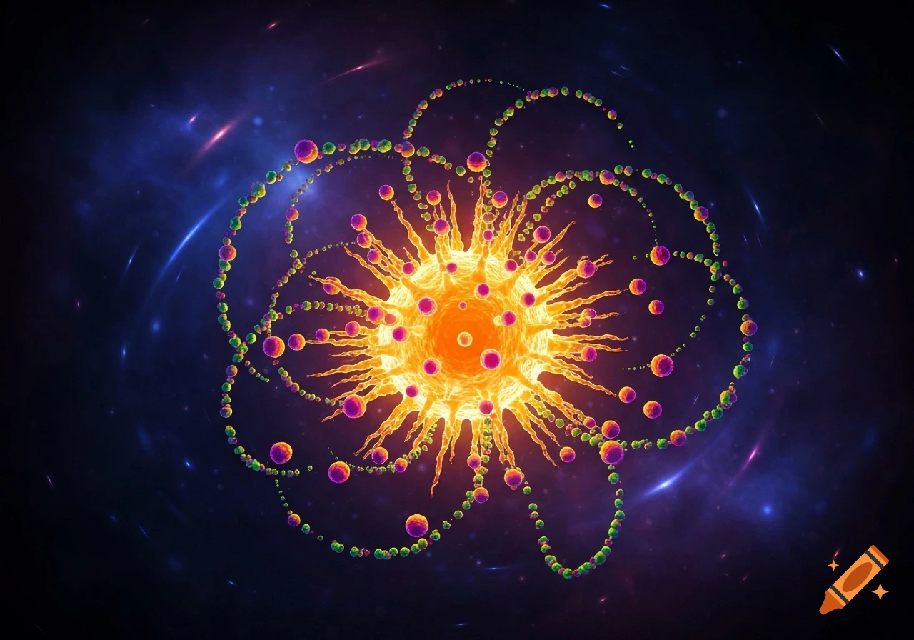 A vibrant, abstract, star-like entity with an orange-yellow core radiating spiky tendrils, orbited by chains of colorful spheres against a cosmic background.