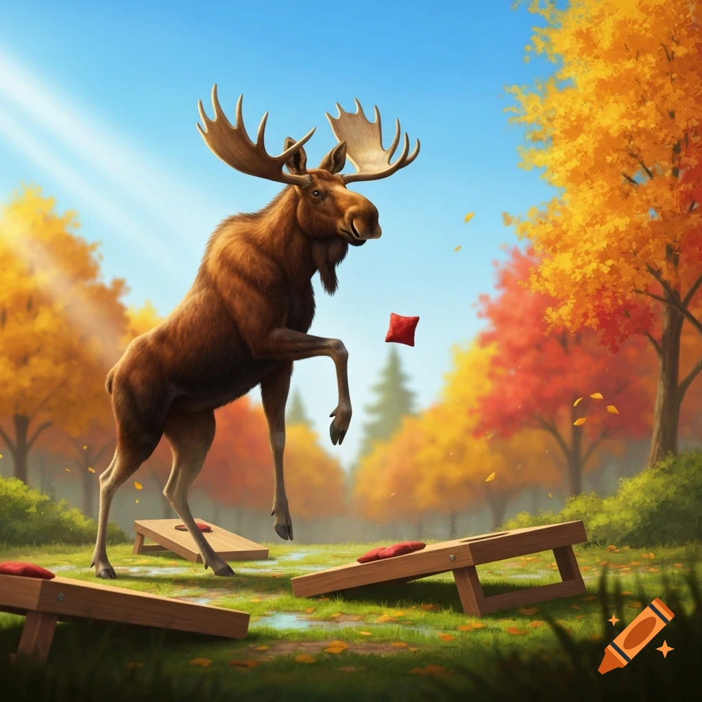 A moose plays cornhole, kicking up its leg to throw a red beanbag in a vibrant autumn park.