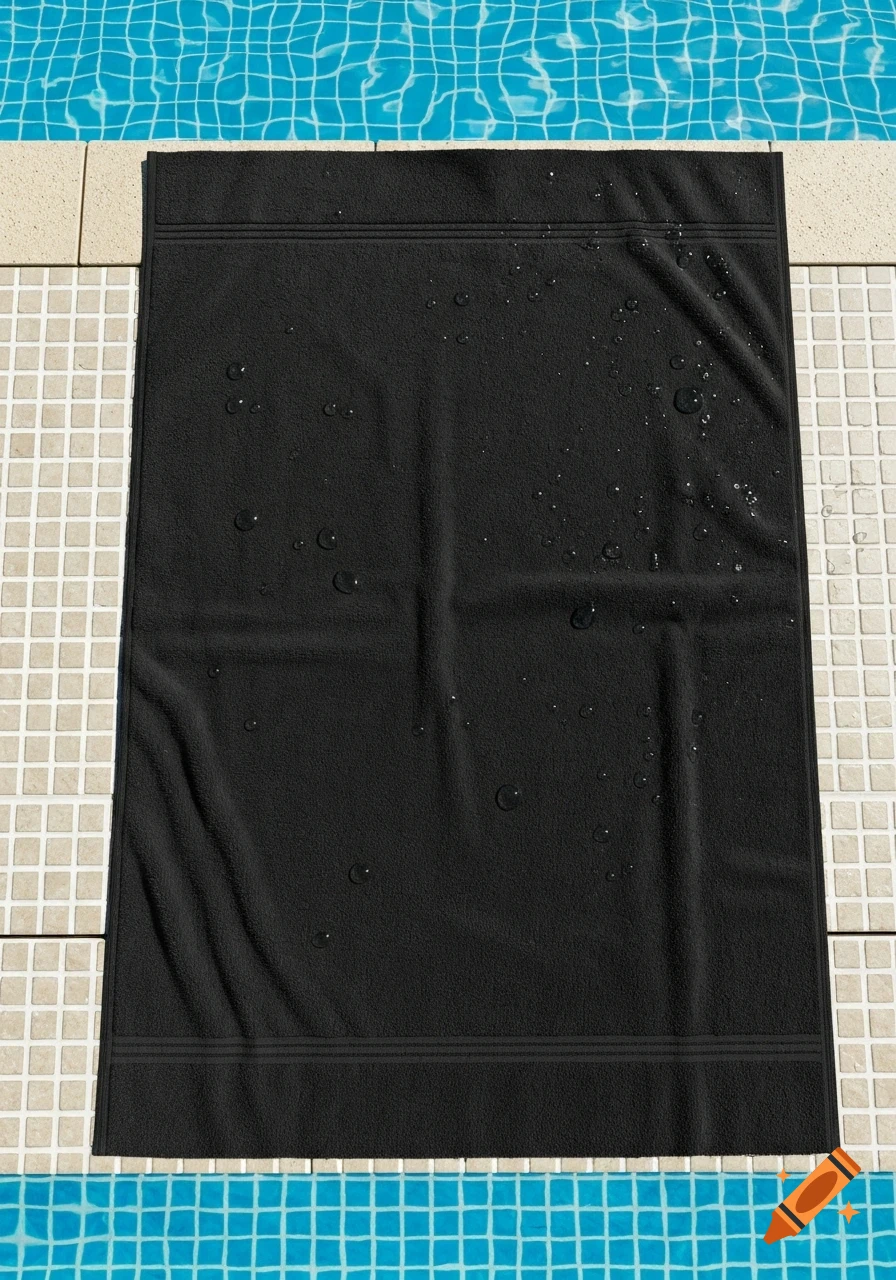 A wet black swimming towel lies flat on the tiled edge of a blue swimming pool.