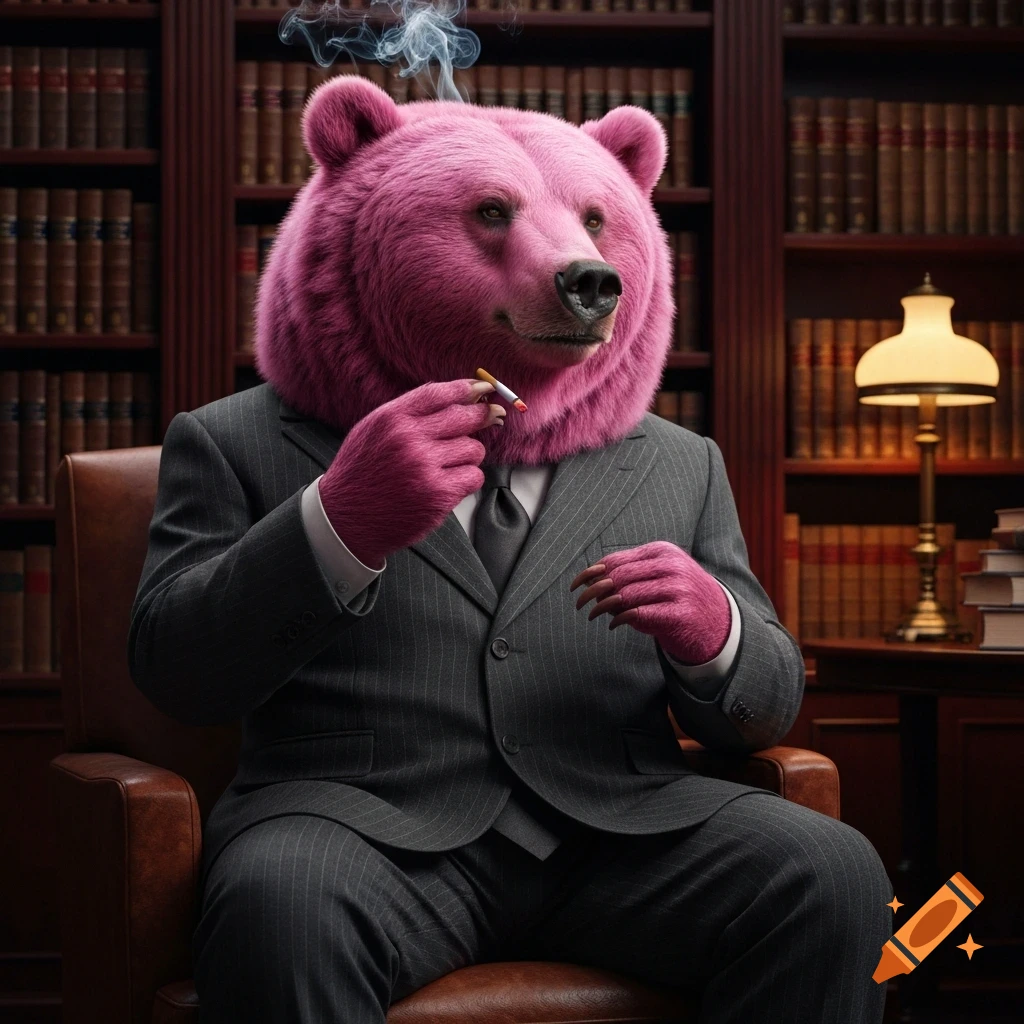 A pink grizzly bear in a pinstripe suit sits in a leather armchair, smoking a cigarette in a library.