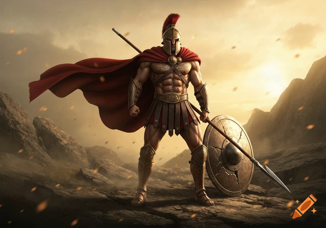 Muscular Spartan warrior in golden armor and red cape, holding a spear and shield on a rocky battlefield under a dramatic sunset.
