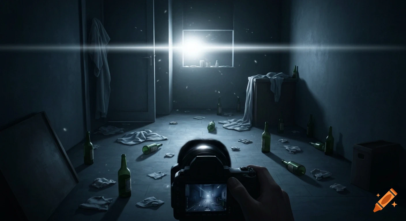 A camera's POV in a dark, messy room with empty bottles and clothes on the floor, illuminated by a bright window.
