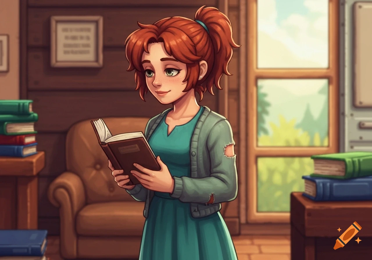 A cartoon woman with red hair in a ponytail, wearing a teal dress and a ripped green cardigan, reads a book in a cozy room.