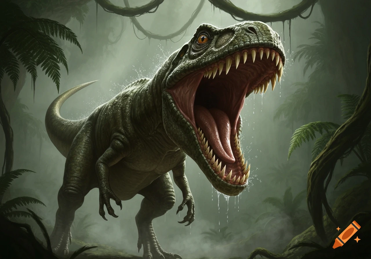 A large green dinosaur with sharp teeth and an open mouth roars in a misty, dark jungle environment.
