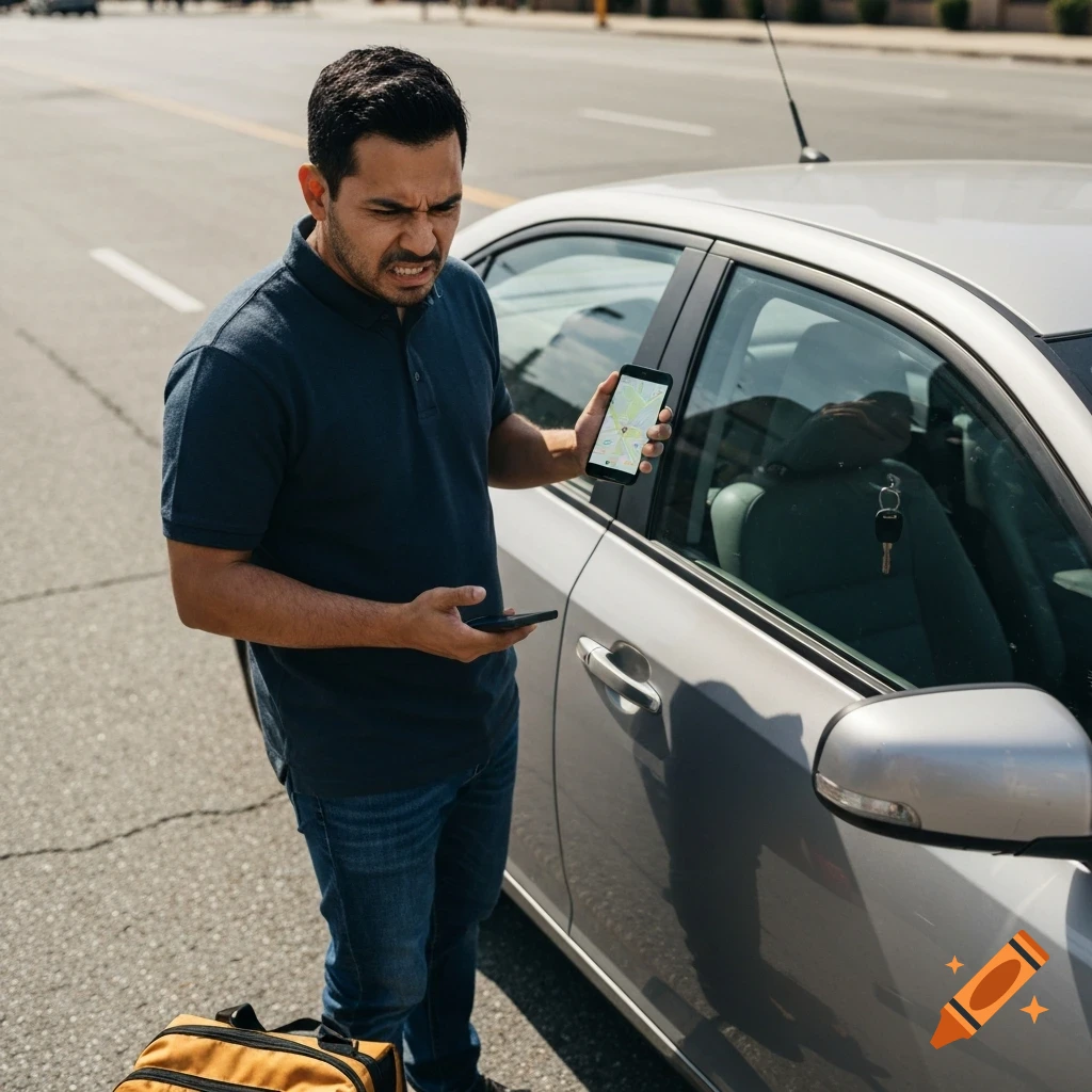 A frustrated Hispanic male delivery driver stands next to his car, holding a smartphone, with keys locked inside. A delivery bag is nearby.