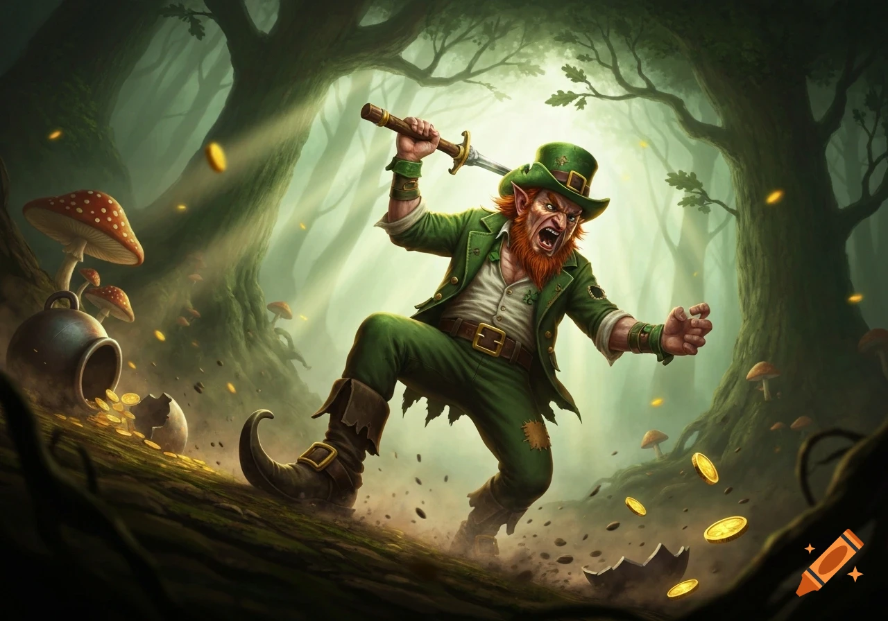 An angry leprechaun in a green suit and hat holds a sword, standing in a magical forest with spilled gold coins and mushrooms.